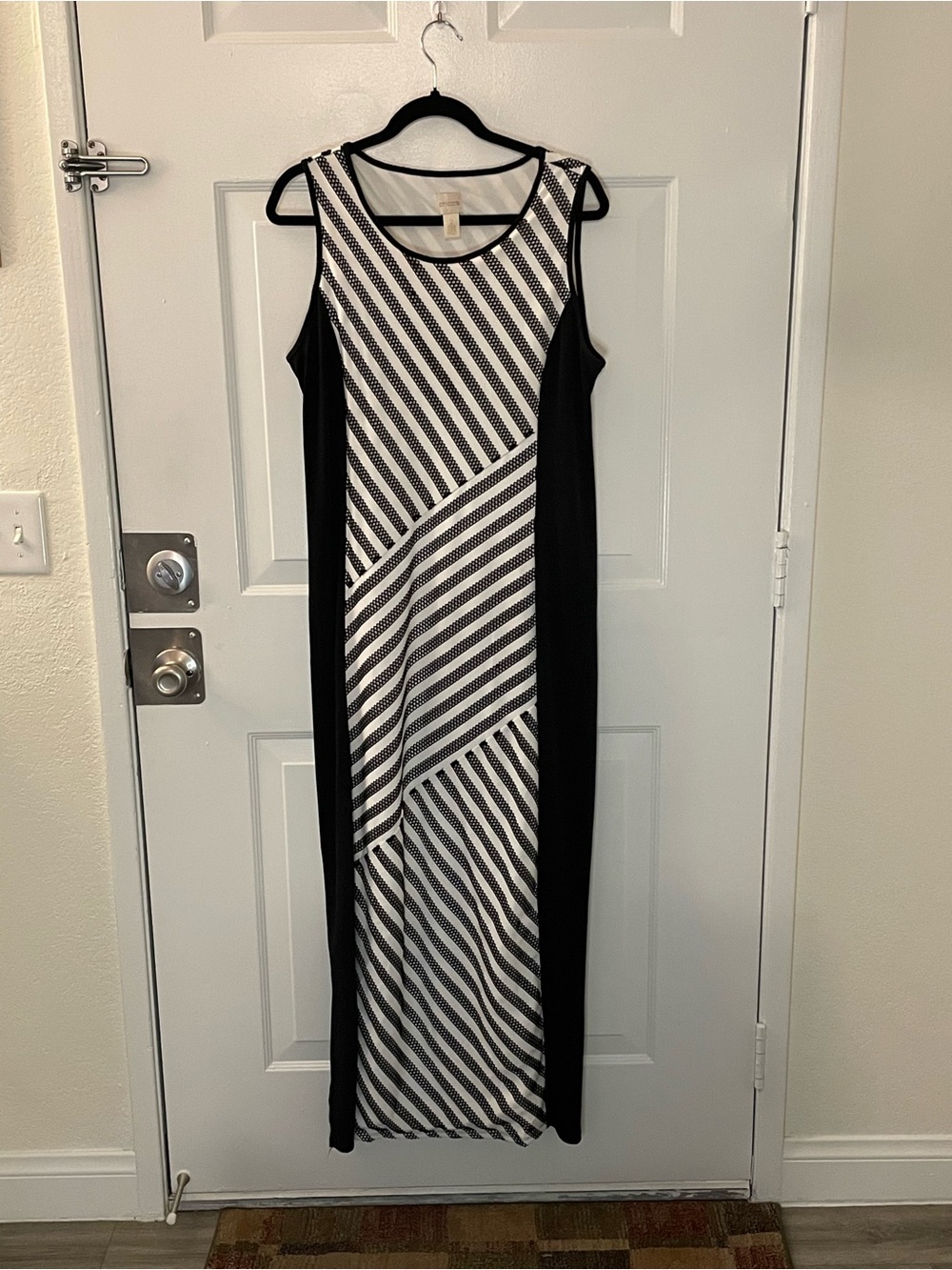 Chico's Black and White Sleeveless Maxi Dress with Diagonal Stripes